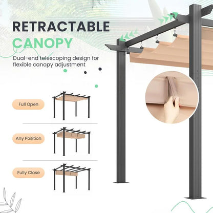 Outdoor Pergola with Retractable Canopy, Heavy-Duty Metal Frame and Adjustable Patio Shade Roof