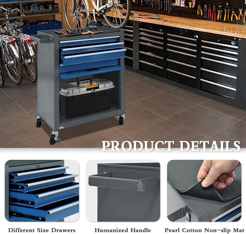 Kirmoasl 13-Drawer Rolling Tool Chest, Large Tool Chest with Wheels, 2 in 1 Detachable Tool Chests, Portable Tool Storage, Locking Mechanic Tool Box for Warehouse, Garage, Gray & Blue