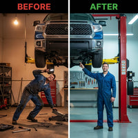 Two Post Car Lift Built to Handle 12,000 Lbs, Extra Height 167 Inches, Dual Hydraulic Chain Drive, Steel Construction — Before & After