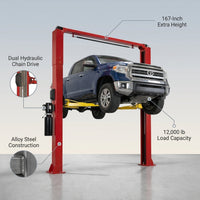 Two Post Car Lift Built to Handle 12,000 Lbs, Extra Height 167 Inches, Dual Hydraulic Chain Drive, Steel Construction — infographic