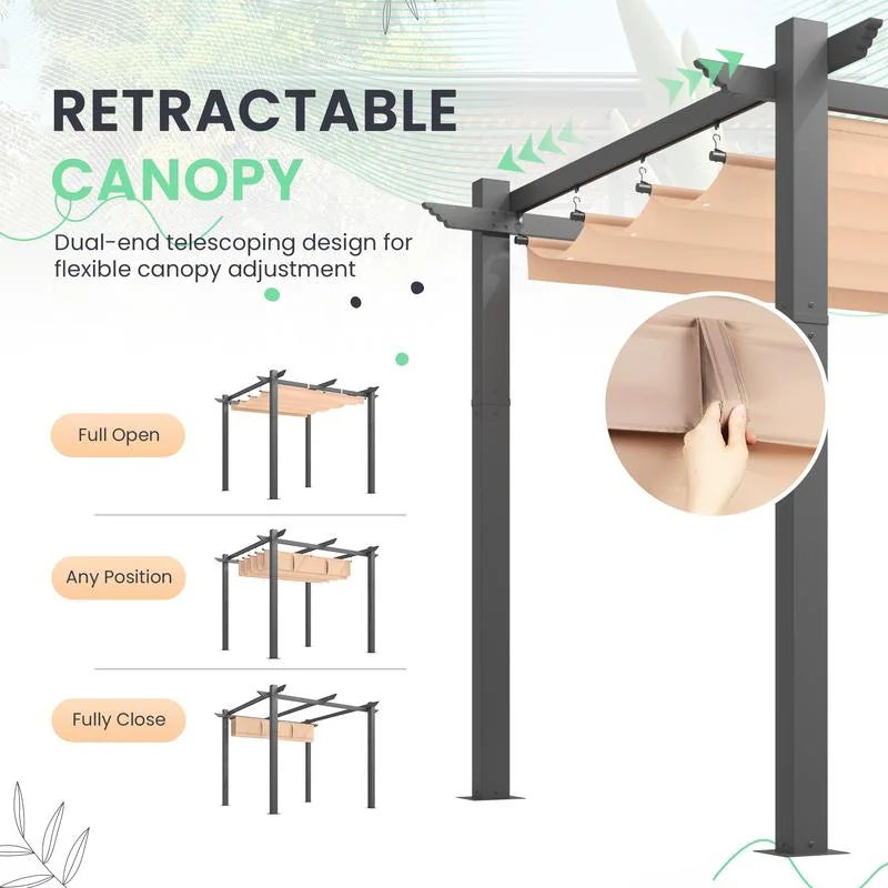 Outdoor Pergola with Retractable Canopy, Heavy-Duty Metal Frame and Adjustable Patio Shade Roof