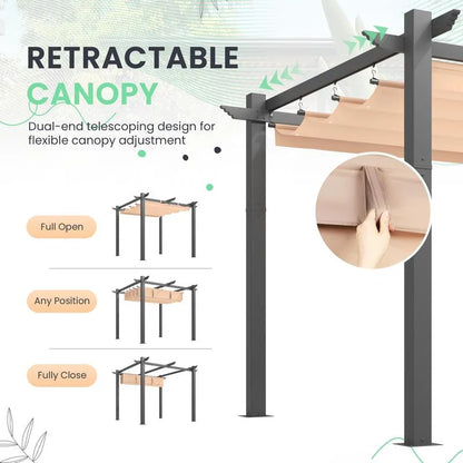 Outdoor Pergola with Retractable Canopy, Heavy-Duty Metal Frame and Adjustable Patio Shade Roof