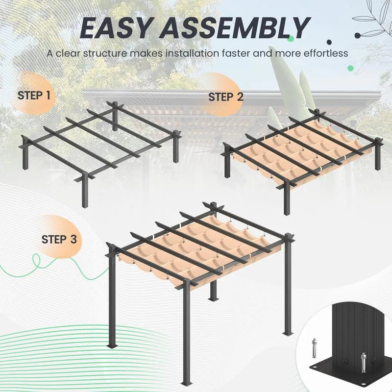 Outdoor Pergola with Retractable Canopy, Heavy-Duty Metal Frame and Adjustable Patio Shade Roof