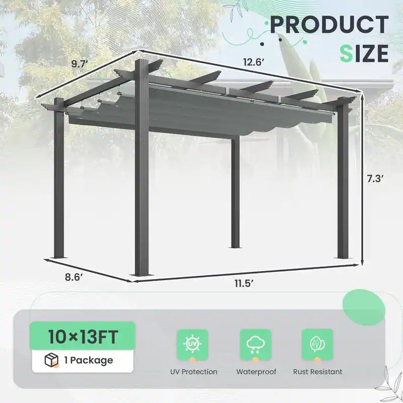 Outdoor Pergola with Retractable Canopy, Heavy-Duty Metal Frame and Adjustable Patio Shade Roof