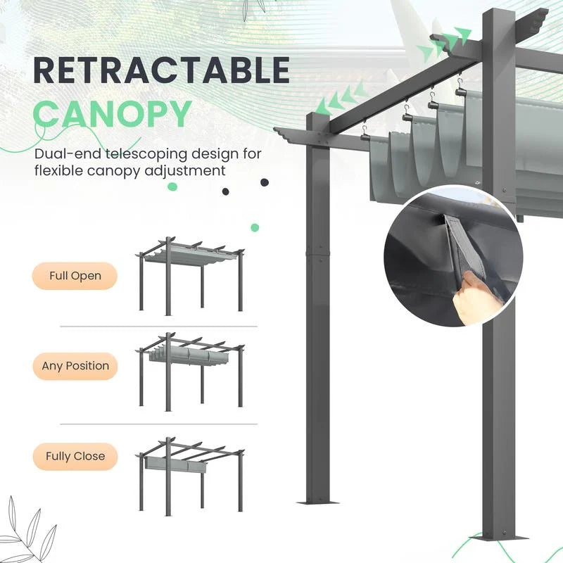 Outdoor Pergola with Retractable Canopy, Heavy-Duty Metal Frame and Adjustable Patio Shade Roof