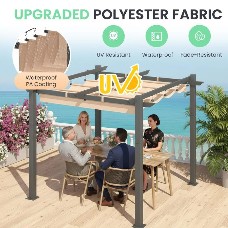 Outdoor Pergola with Retractable Canopy, Heavy-Duty Metal Frame and Adjustable Patio Shade Roof