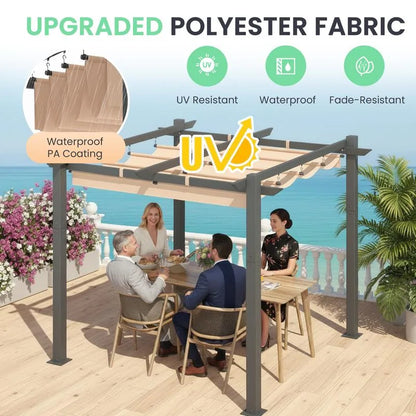 Outdoor Pergola with Retractable Canopy, Heavy-Duty Metal Frame and Adjustable Patio Shade Roof