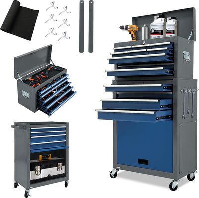 13-Drawer Rolling Tool Chest, Large Tool Chest with Wheels, 2 in 1 Detachable Tool Chests, Portable Tool Storage, Locking Mechanic Tool Box for Warehouse, Garage, Gray & Blue
