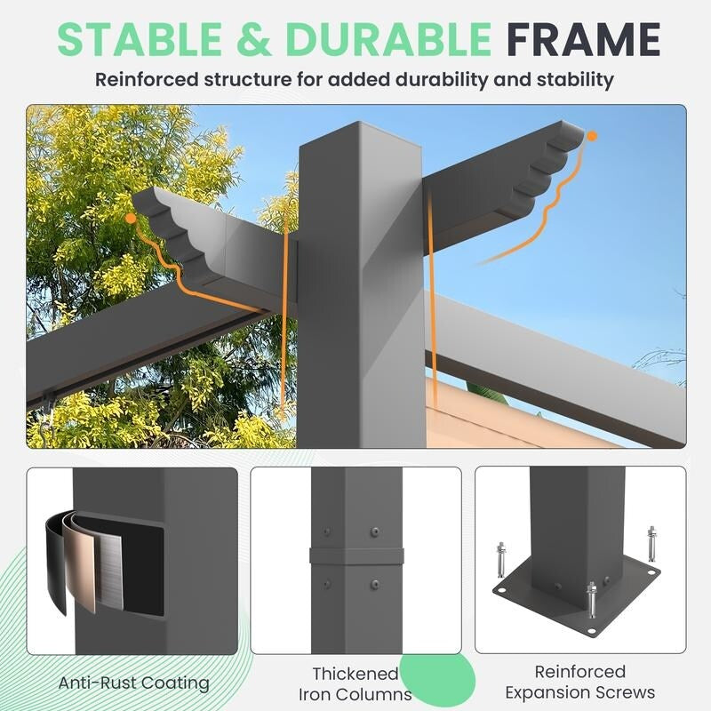 Outdoor Pergola with Retractable Canopy, Heavy-Duty Metal Frame and Adjustable Patio Shade Roof
