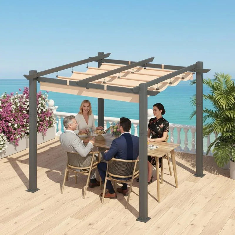 Outdoor Pergola with Retractable Canopy, Heavy-Duty Metal Frame and Adjustable Patio Shade Roof