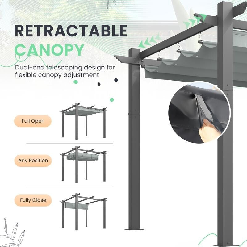 Outdoor Pergola with Retractable Canopy, Heavy-Duty Metal Frame and Adjustable Patio Shade Roof