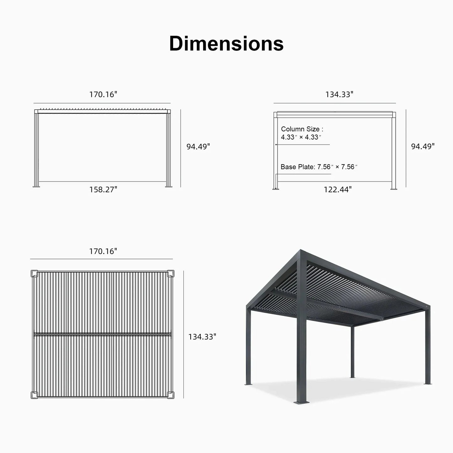 Gray Louvered Pergola Outdoor Aluminum Pergola with Adjustable Roof for Patio Gray Hardtop Gazebo