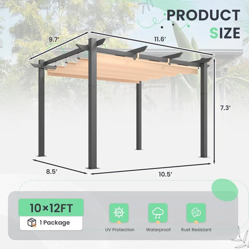 Outdoor Pergola with Retractable Canopy, Heavy-Duty Metal Frame and Adjustable Patio Shade Roof