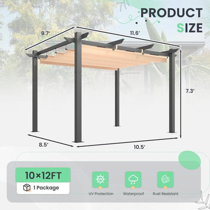Outdoor Pergola with Retractable Canopy, Heavy-Duty Metal Frame and Adjustable Patio Shade Roof