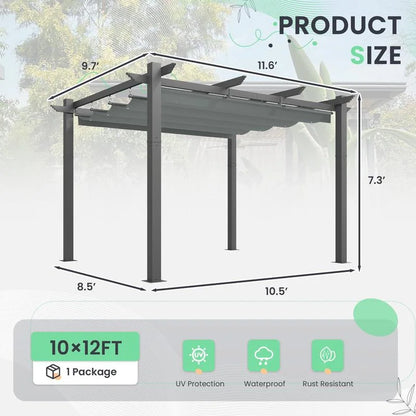 Outdoor Pergola with Retractable Canopy, Heavy-Duty Metal Frame and Adjustable Patio Shade Roof