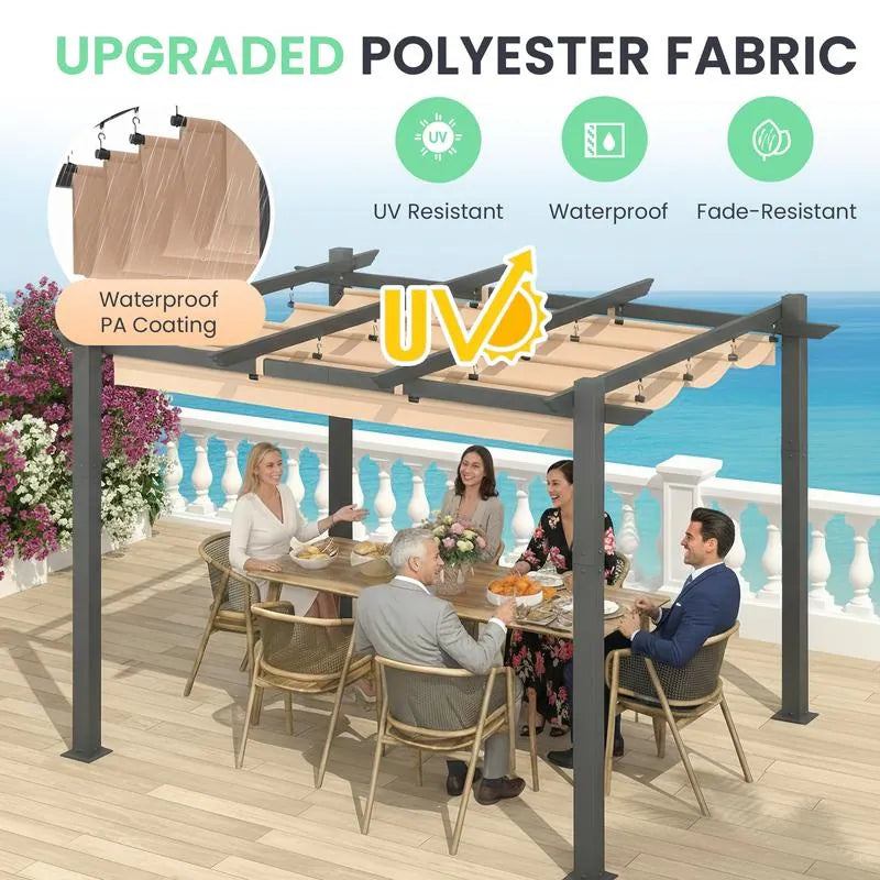 Outdoor Pergola with Retractable Canopy, Heavy-Duty Metal Frame and Adjustable Patio Shade Roof