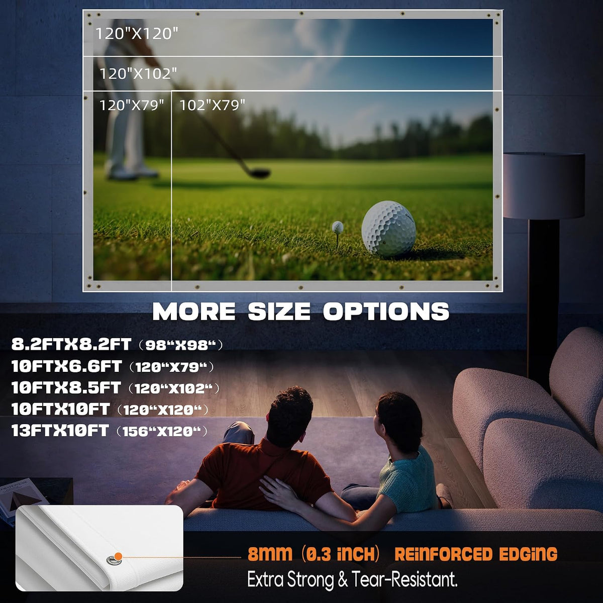 Golf Simulator Impact Screen, 4Mm Thick HD Golf Impact Screen for Indoor Outdoor Practice, Reinforced Grommets for Extended Lifespan, Quiet Impact Polyester Mesh Fabric, Storage Bag Included