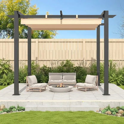 Outdoor Pergola with Retractable Canopy, Heavy-Duty Metal Frame and Adjustable Patio Shade Roof