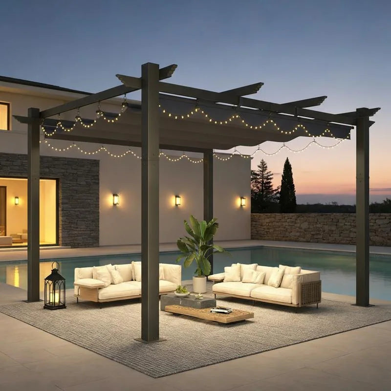 Outdoor Pergola with Retractable Canopy, Heavy-Duty Metal Frame and Adjustable Patio Shade Roof