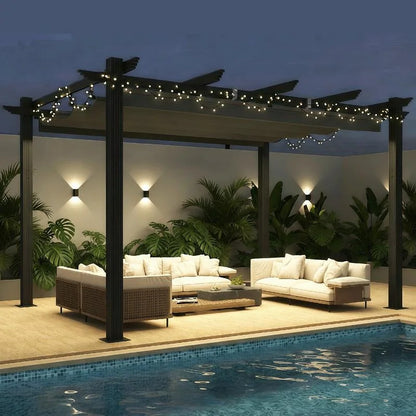 Outdoor Pergola with Retractable Canopy, Heavy-Duty Metal Frame and Adjustable Patio Shade Roof