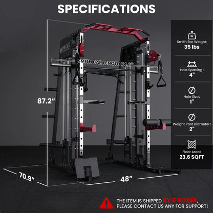 Smith Machine Home Gym, 2200 Lbs Power Rack Cage with 1200 Lbs Weight Bench and Cable Crossover System, Weight Bar, 360Â° Landmine, Home Gym