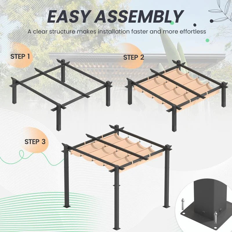 Outdoor Pergola with Retractable Canopy, Heavy-Duty Metal Frame and Adjustable Patio Shade Roof