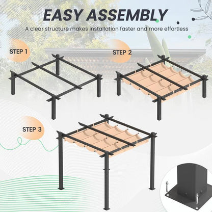 Outdoor Pergola with Retractable Canopy, Heavy-Duty Metal Frame and Adjustable Patio Shade Roof