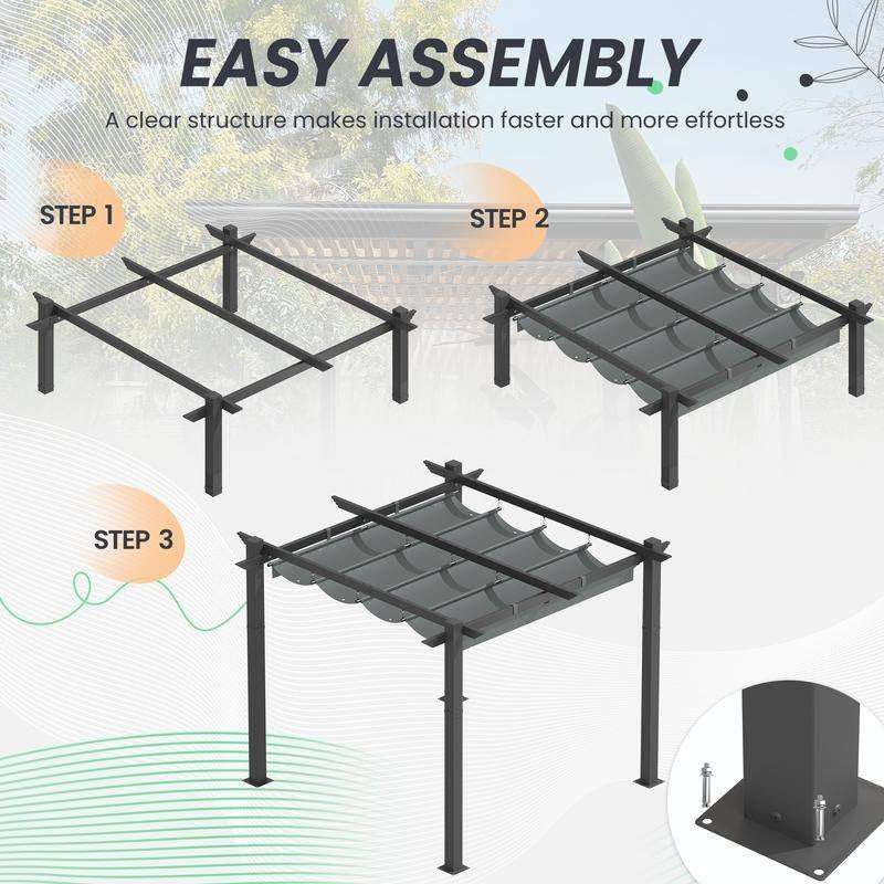 Outdoor Pergola with Retractable Canopy, Heavy-Duty Metal Frame and Adjustable Patio Shade Roof