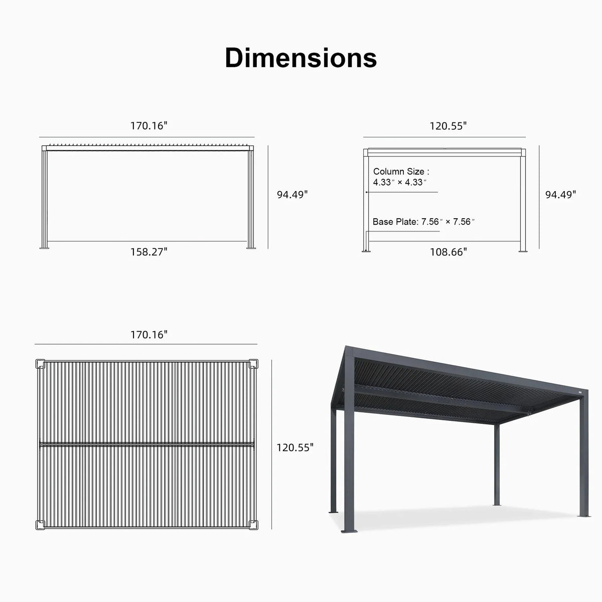 Gray Louvered Pergola Outdoor Aluminum Pergola with Adjustable Roof for Patio Gray Hardtop Gazebo