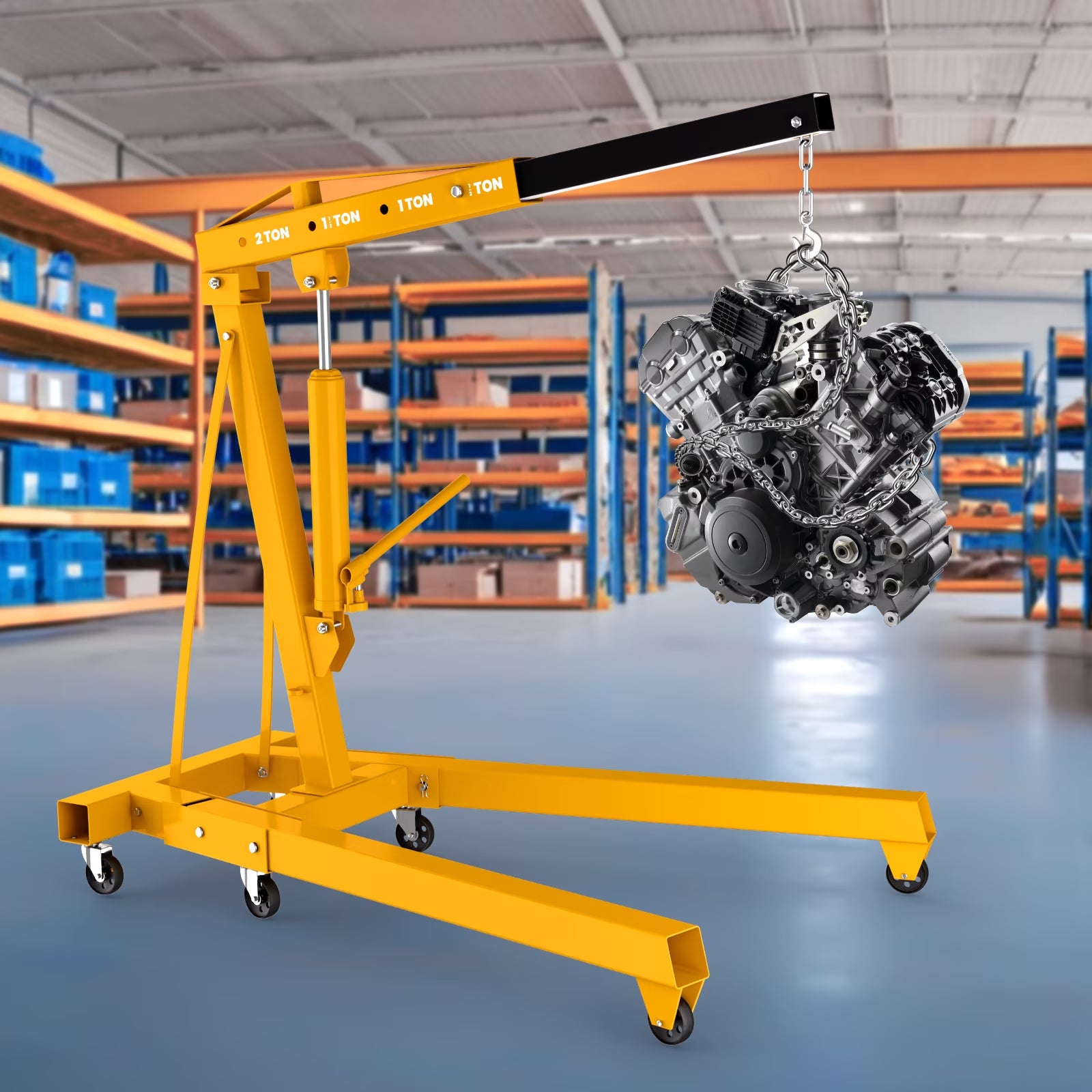 Yellow Hydraulic Folding Engine Hoist with Lever, 2 Ton/4400 LBS Load Capacity, Cherry Picker Shop Crane with 360° Casters & Telescoping Boom, Engine Crane with Leveler for Engine Lifting