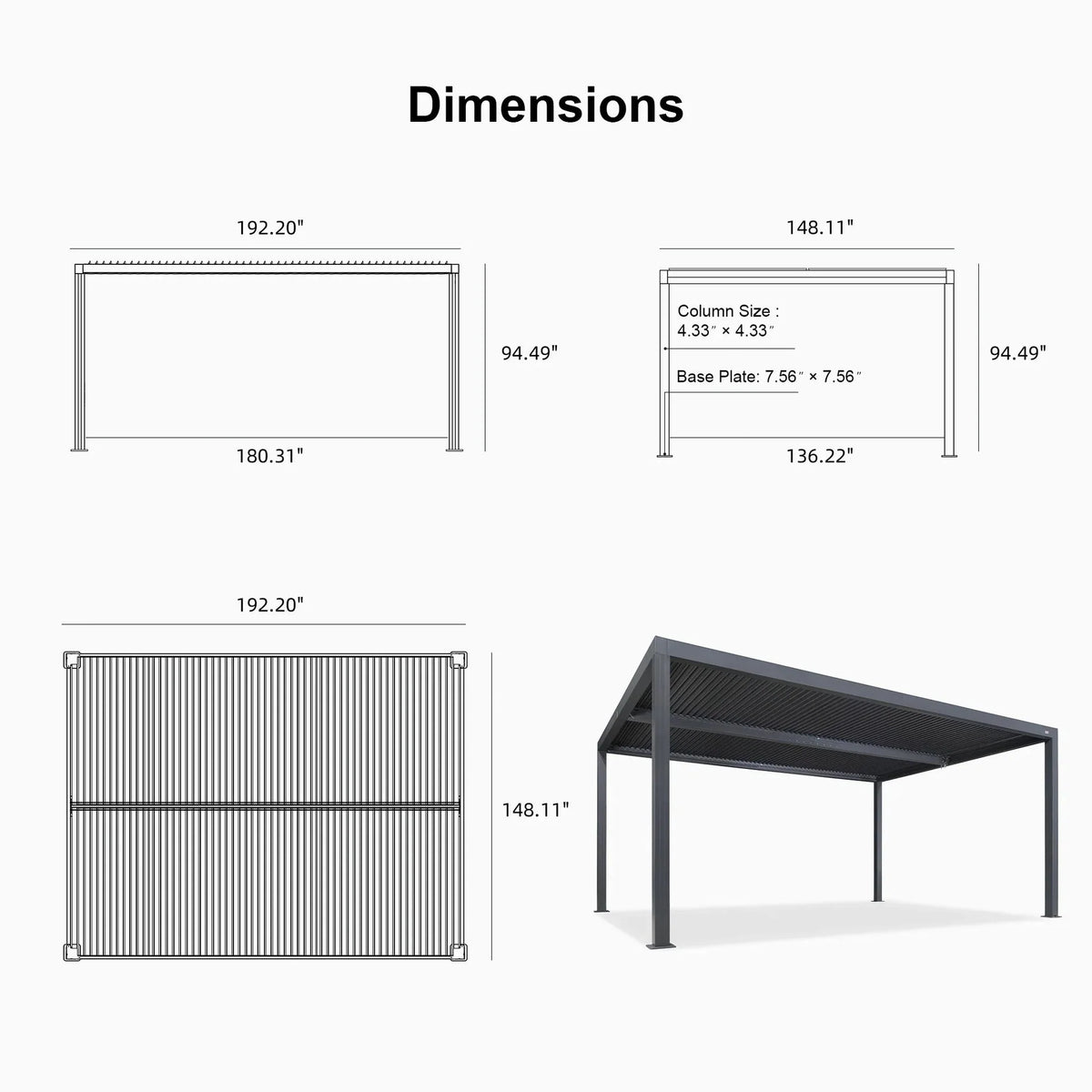 Gray Louvered Pergola Outdoor Aluminum Pergola with Adjustable Roof for Patio Gray Hardtop Gazebo