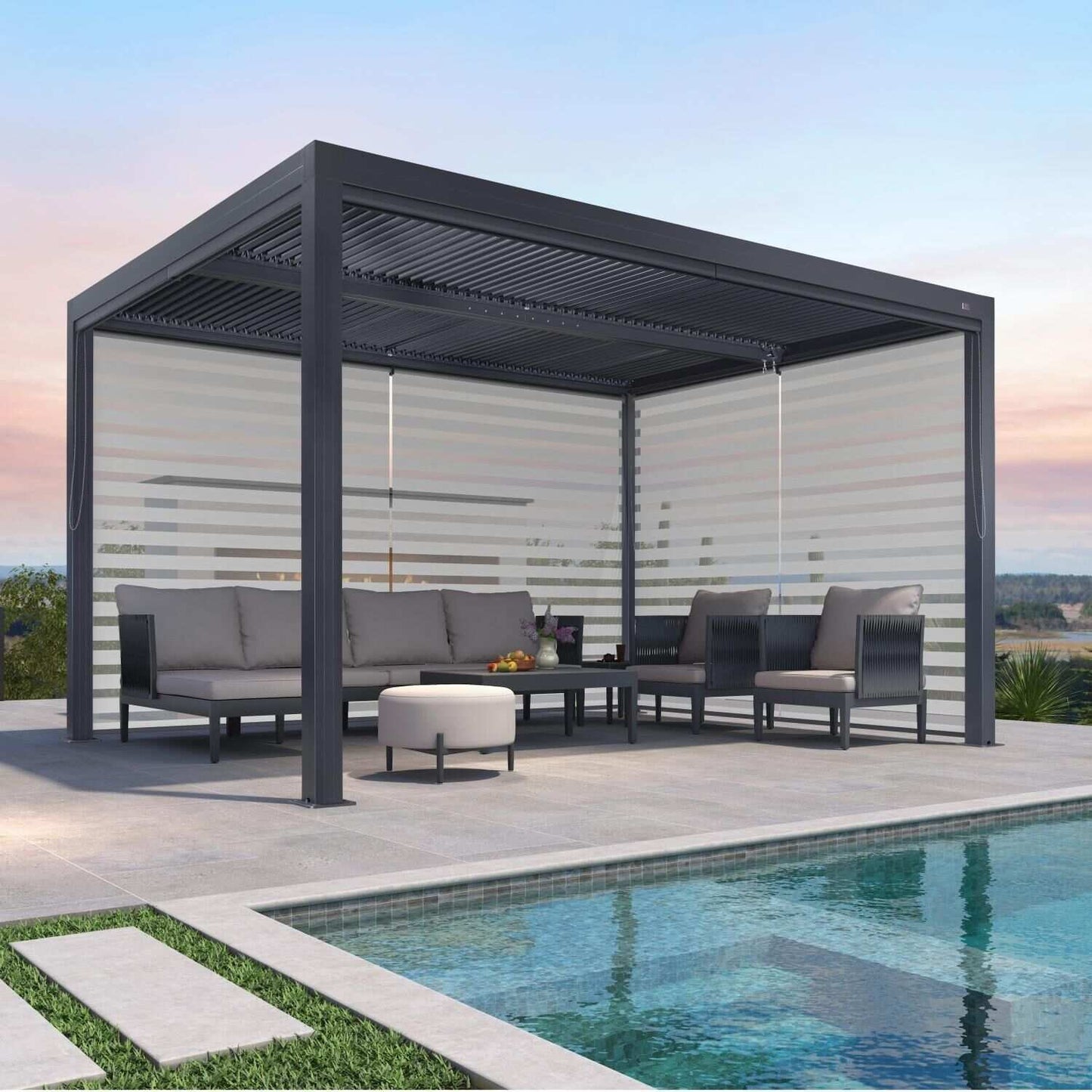 Gray Louvered Pergola Outdoor Aluminum Pergola with Adjustable Roof for Patio Gray Hardtop Gazebo