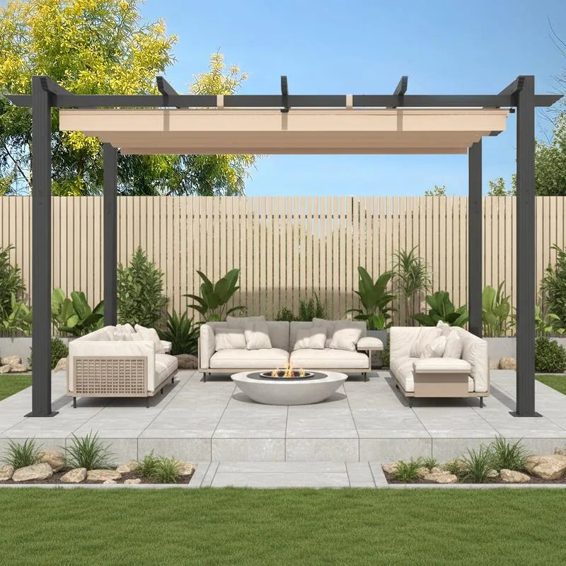 Outdoor Pergola with Retractable Canopy, Heavy-Duty Metal Frame and Adjustable Patio Shade Roof