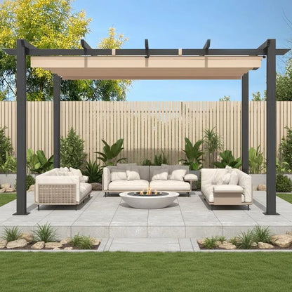 Outdoor Pergola with Retractable Canopy, Heavy-Duty Metal Frame and Adjustable Patio Shade Roof