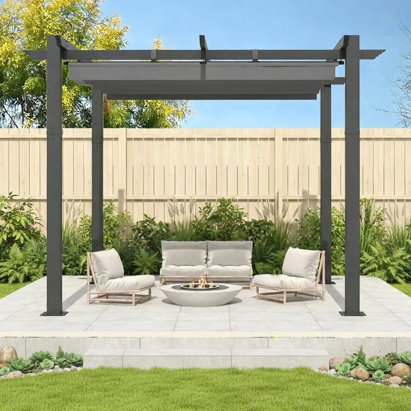 Outdoor Pergola with Retractable Canopy, Heavy-Duty Metal Frame and Adjustable Patio Shade Roof