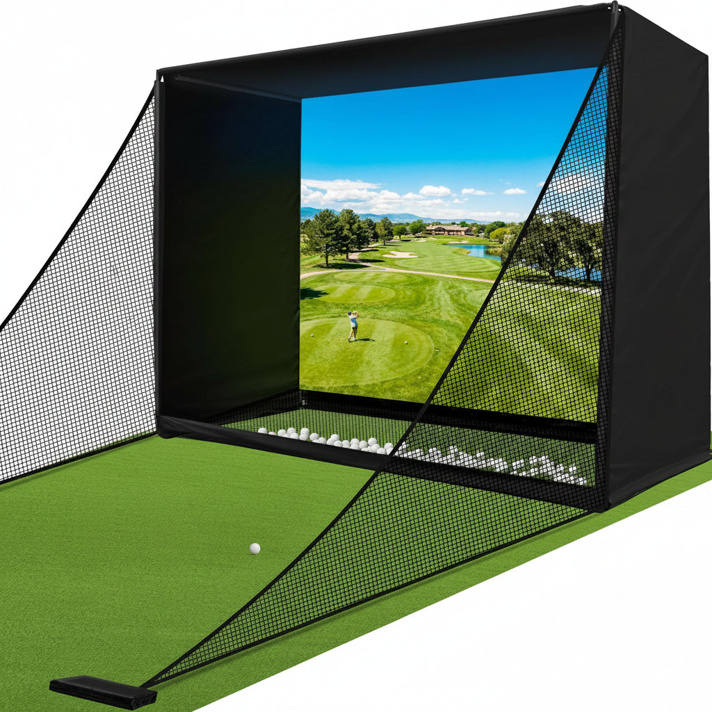 Golf Simulator Enclosure Net 10X8Ft Golf Practice Simulator with HD Impact Screen Kit & Sturdy EPE Foam-Filled Frame Golfs Cage Net with Safety Side Nets for Home Indoor Setup