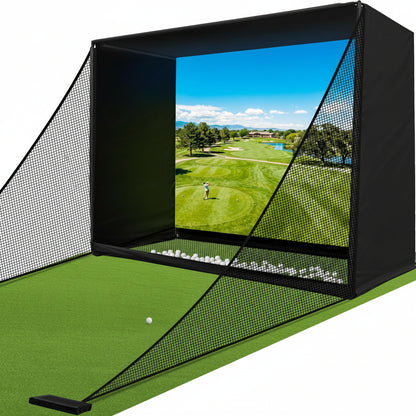 Golf Simulator Enclosure Net 10X8Ft Golf Practice Simulator with HD Impact Screen Kit & Sturdy EPE Foam-Filled Frame Golfs Cage Net with Safety Side Nets for Home Indoor Setup