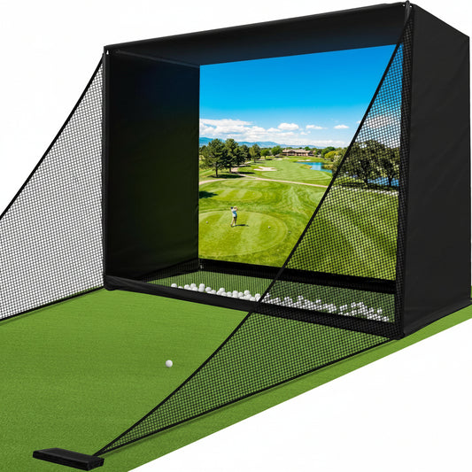 Golf Simulator Enclosure Net 10X8Ft Golf Practice Simulator with HD Impact Screen Kit & Sturdy EPE Foam-Filled Frame Golfs Cage Net with Safety Side Nets for Home Indoor Setup