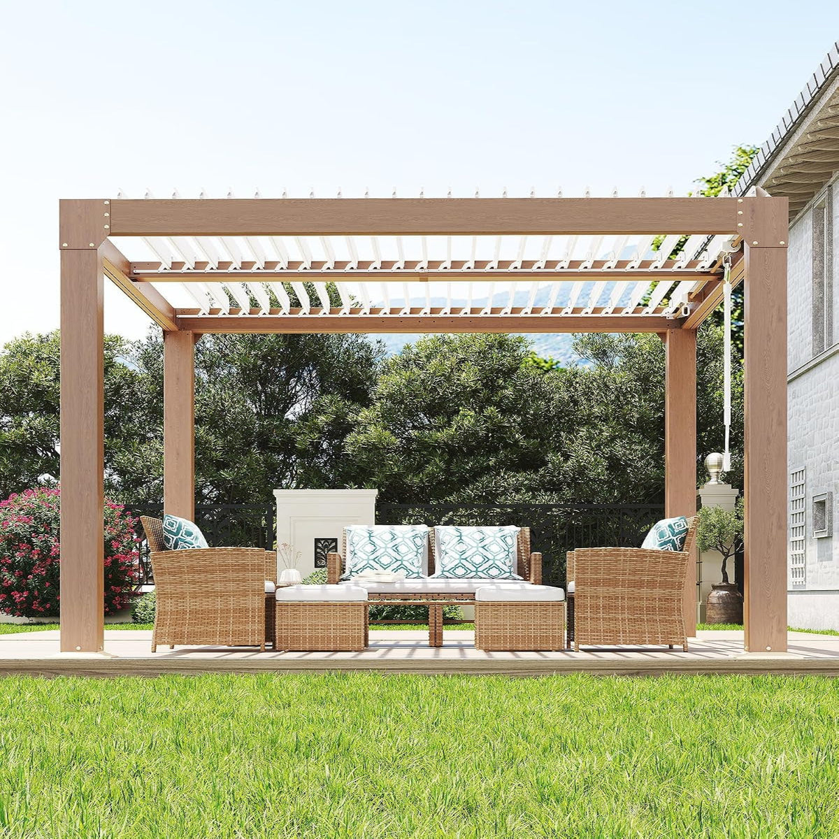 Louvered Pergola 10 Ft X10', Outdoor Pergola with Adjustable Louvered Roof, Reinforced Aluminum Frame, Integrated Drainage System, Hardtop Gazebo for Patio, Deck, Wood Grain — product view 6
