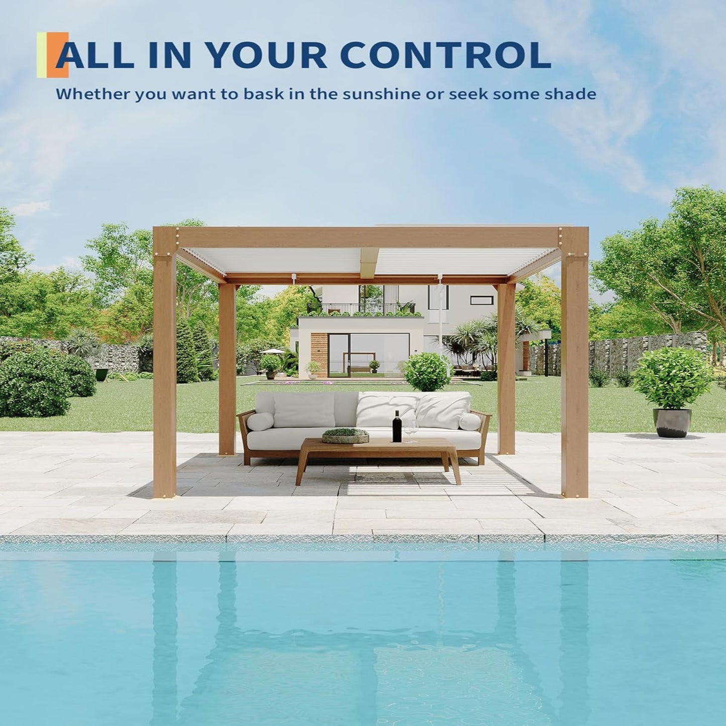 Louvered Pergola 10 Ft X10', Outdoor Pergola with Adjustable Louvered Roof, Reinforced Aluminum Frame, Integrated Drainage System, Hardtop Gazebo for Patio, Deck, Wood Grain — product view 7