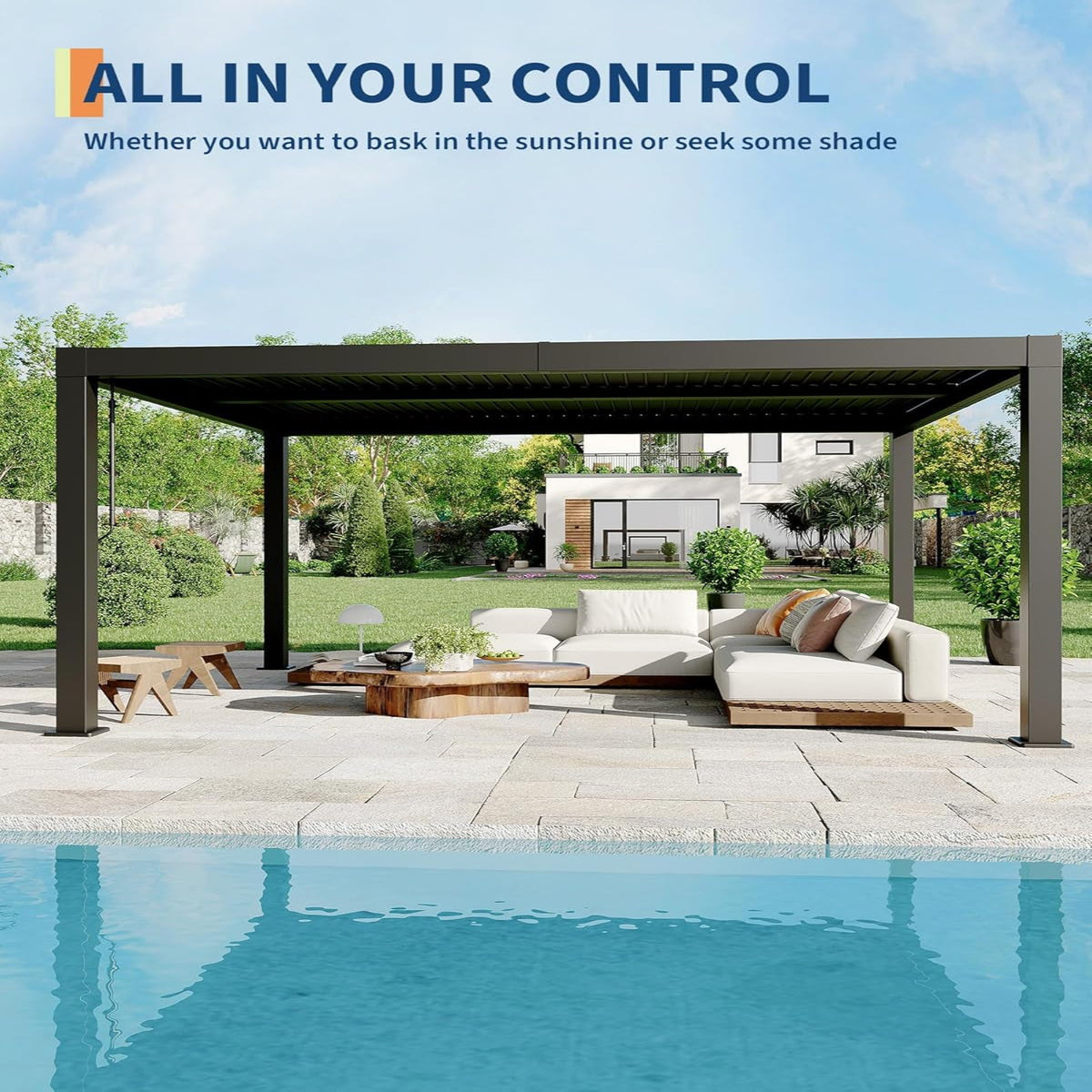 Louvered Pergola 10 Ft X10', Outdoor Pergola with Adjustable Louvered Roof, Reinforced Aluminum Frame, Integrated Drainage System, Hardtop Gazebo for Patio, Deck, Wood Grain — product view 8