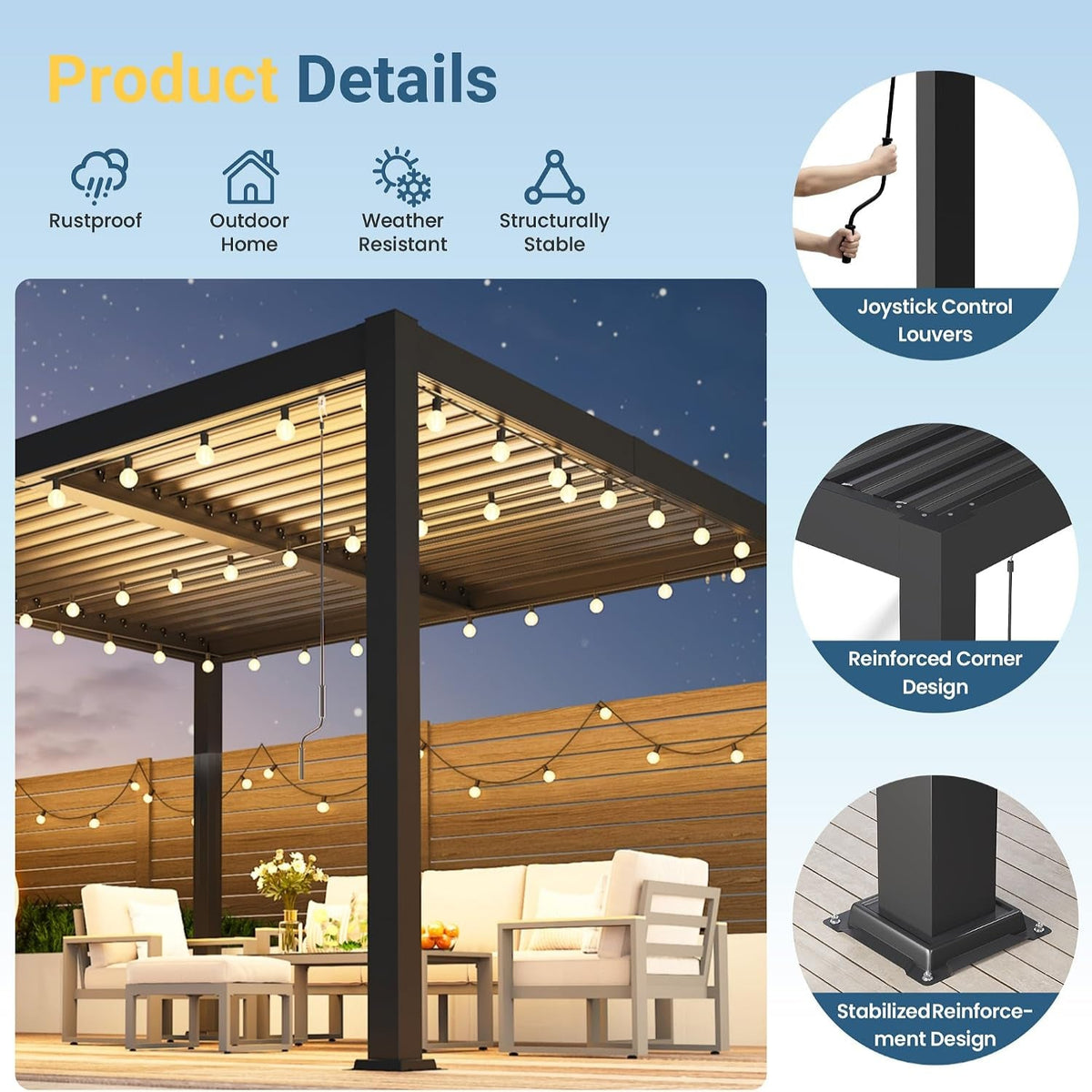Pergola 10' X 12' with Aluminum Frame and Adjustable Louvered Roof — product view 3